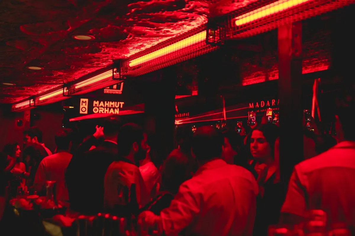 Red-lit bar and lounge