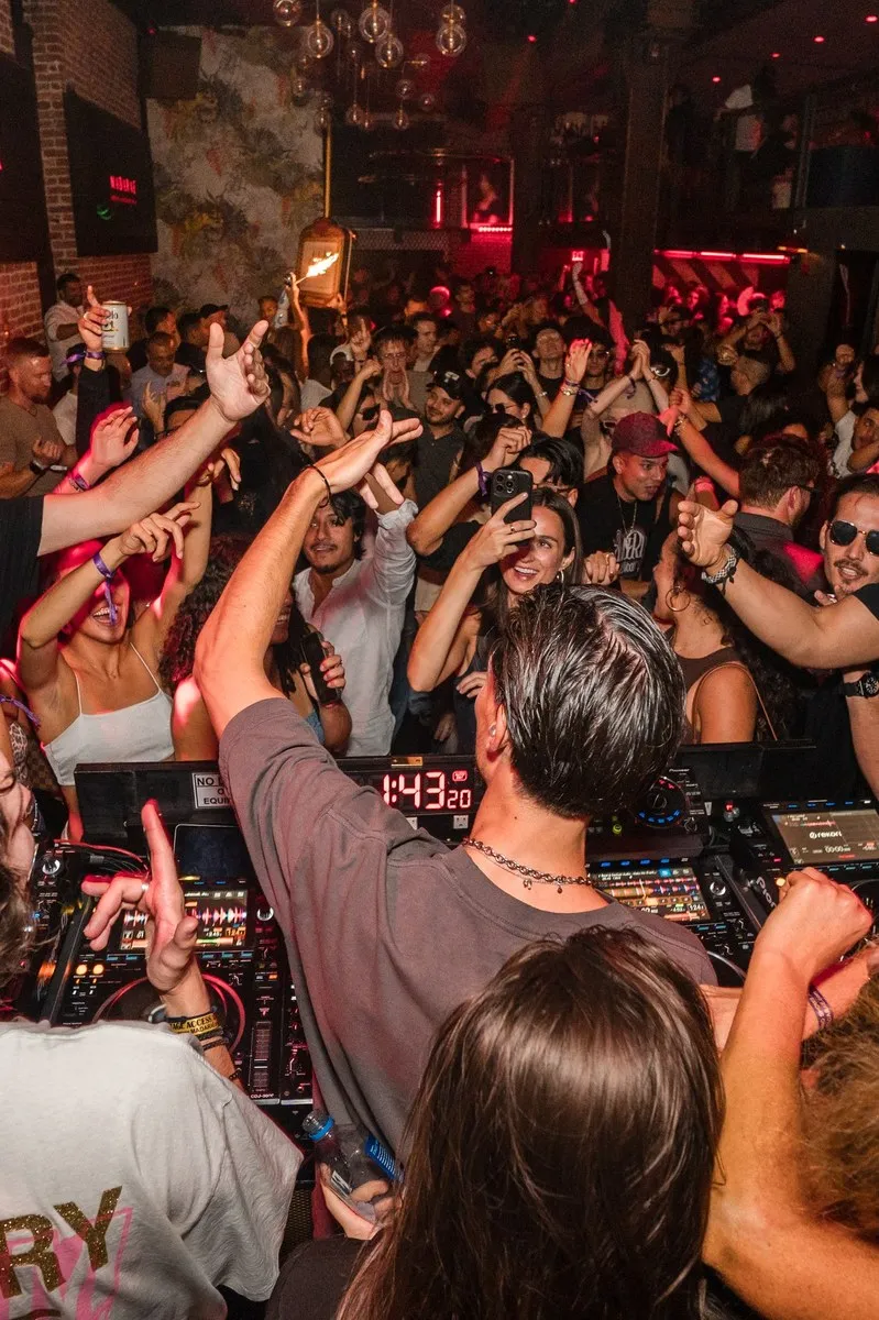 DJ playing to a crowd with hands raised